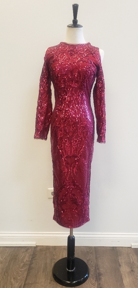 FUSCHIA SEQUINS COCKTAIL MIDI DRESS - Picture 1 of 10